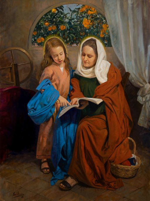 Santa Ana y la Virgen niña. Año: 2020. Técnica: Óleo sobre lienzo, 97 x 130 cm. Descripción: Obra realizada para la Capilla de los Marineros de la Hermandad Sacramental Esperanza de Triana Escena retomada de la Leyenda dorada de Santiago de la Vorágine, se representa a María que tempranamente aprende a leer y a dedicarse a la costura, pasó gran parte de la infancia cerca del Templo de Jerusalén. El centro de la composición está ocupada por Santa Ana y la Virgen María, Ella de pie junto a su madre aprende a leer, tras la escena principal, un ventanal que da profundidad, viéndose unos naranjos con azahar. A la derecha una cortina recogida compensa la composición de la parte izquierda donde se sitúa una máquina de hilar, propia de la iconografía de la Virgen María de niña. Junto a Santa Ana un canasto con ovillos.
